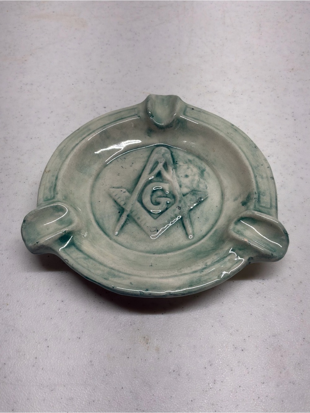 Vintage Masonic Freemason Ceramic Porcelain Ashtray Green and White